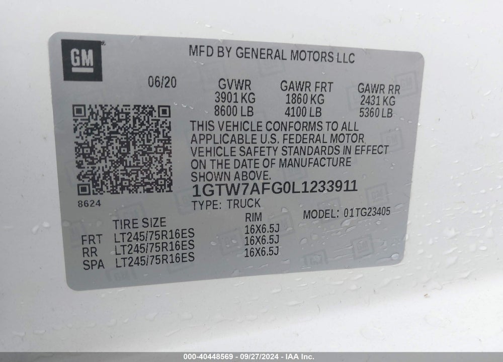 2020 GMC SAVANA CARGO VIN: 1GTW7AFG0L1233911