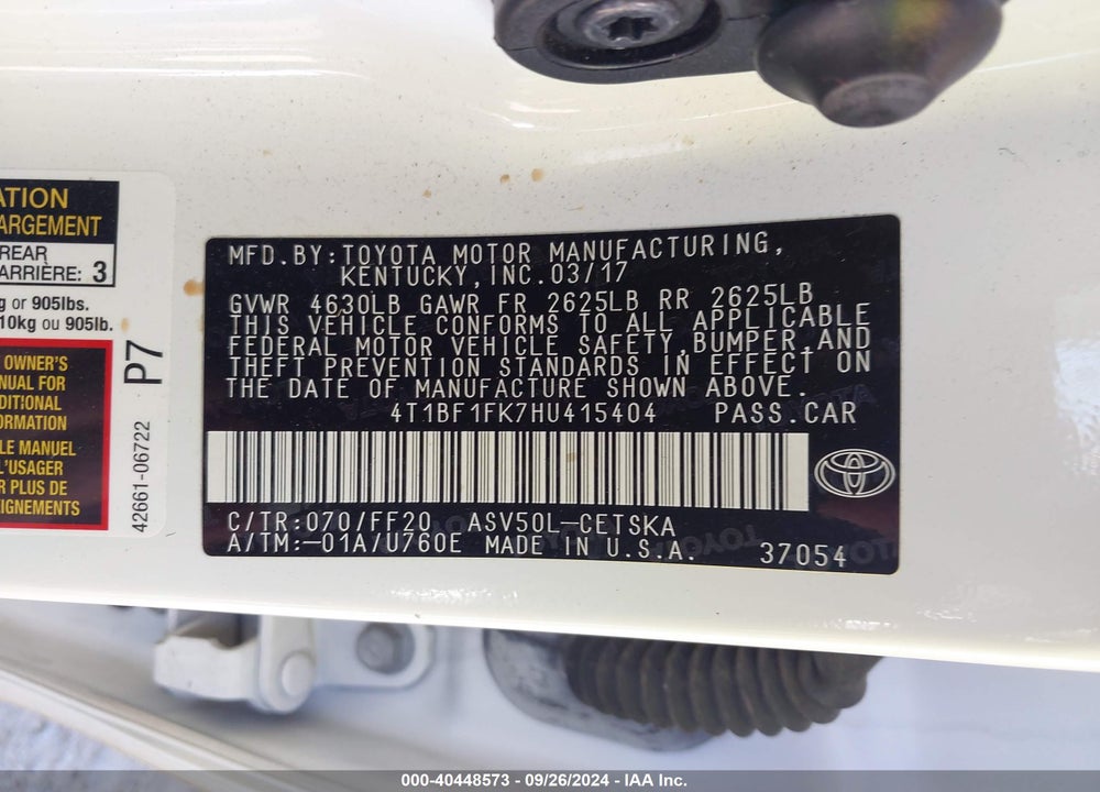 2017 TOYOTA CAMRY SE VIN: 4T1BF1FK7HU415404
