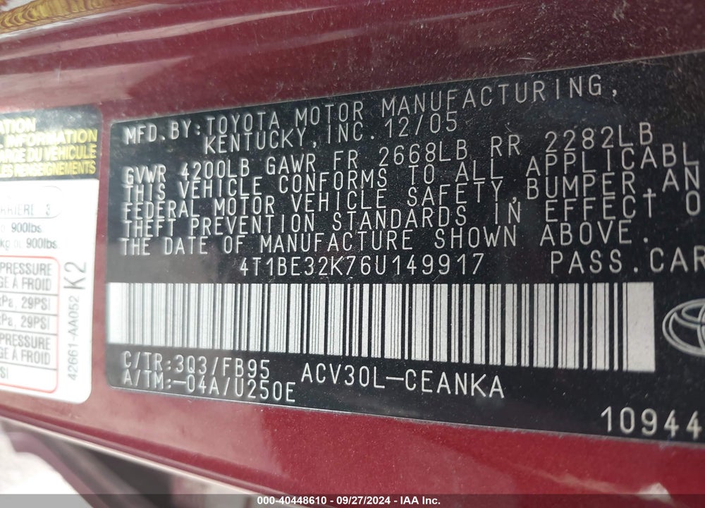 2006 TOYOTA CAMRY LE VIN: 4T1BE32K76U149917