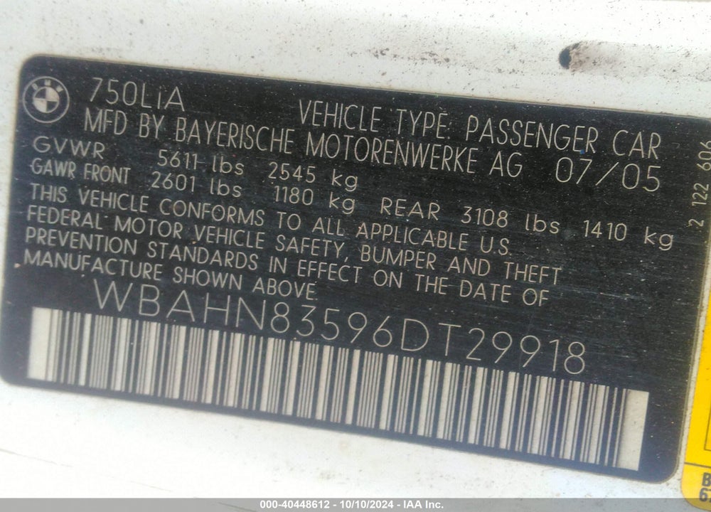 2006 BMW 750LI VIN: WBAHN83596DT29918