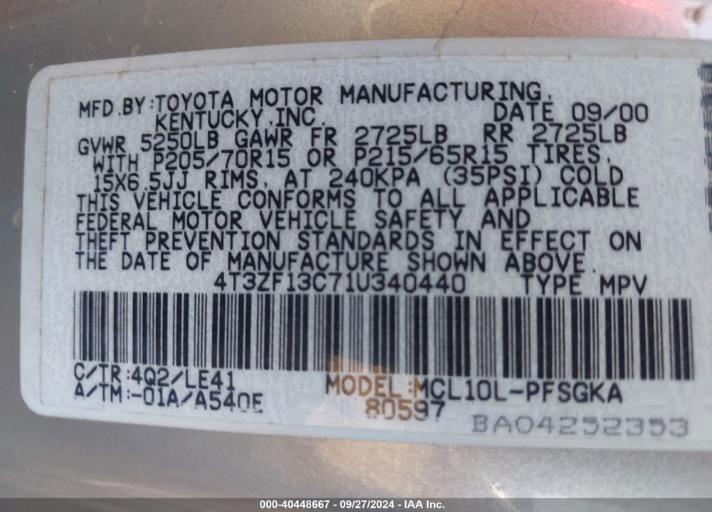2001 TOYOTA SIENNA XLE VIN: 4T3ZF13C71U340440