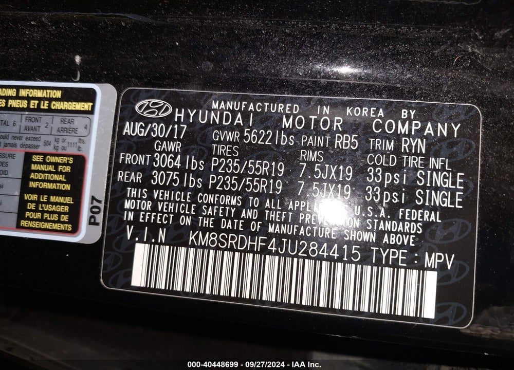 2018 HYUNDAI SANTA FE SE/LIMITED VIN: KM8SRDHF4JU284415