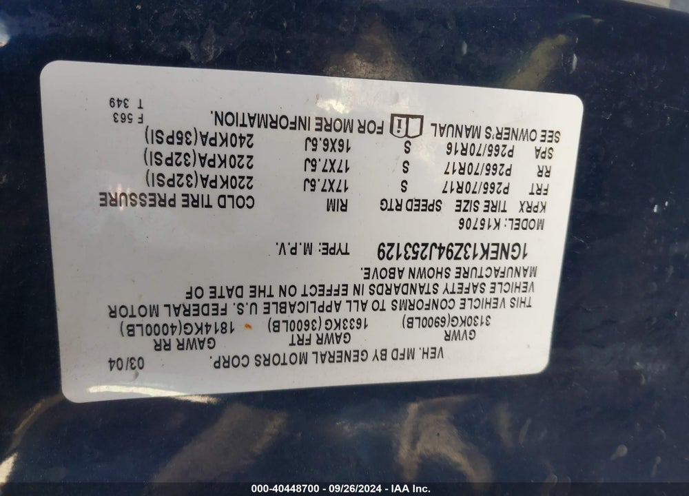 2004 CHEVROLET TAHOE LT VIN: 1GNEK13Z94J253129