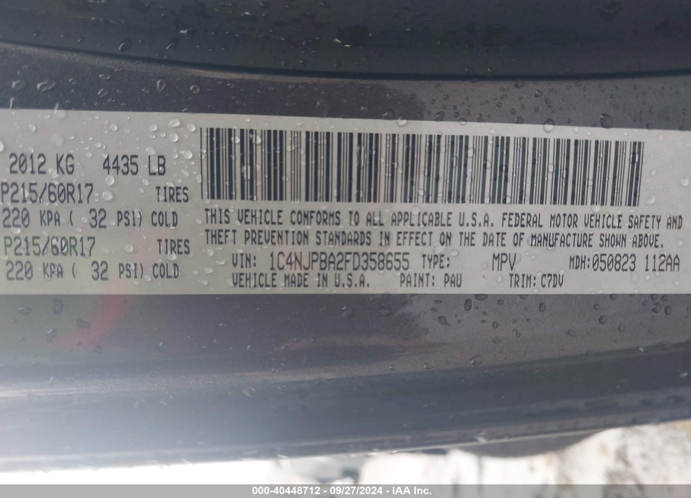2015 JEEP PATRIOT SPORT VIN: 1C4NJPBA2FD358655