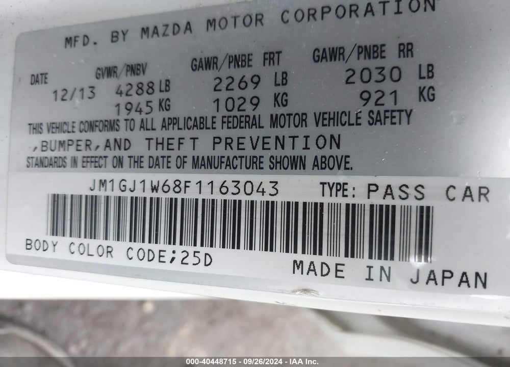 2015 MAZDA 6 GRAND TOURING VIN: JM1GJ1W68F1163043
