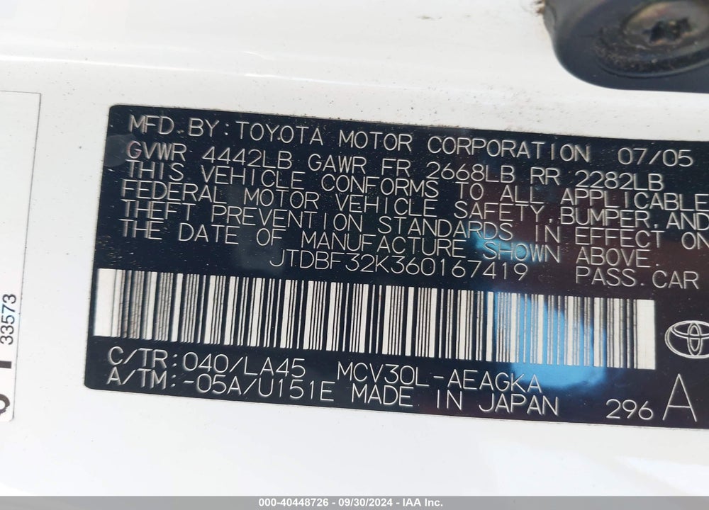 2006 TOYOTA CAMRY LE/XLE VIN: JTDBF32K360167419