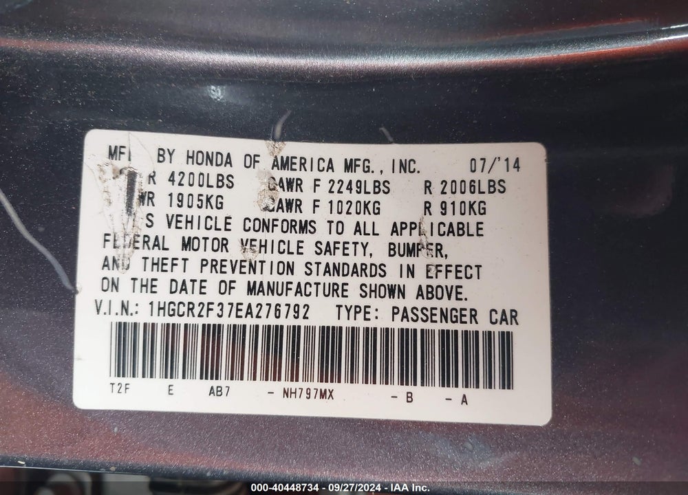 2014 HONDA ACCORD LX VIN: 1HGCR2F37EA276792