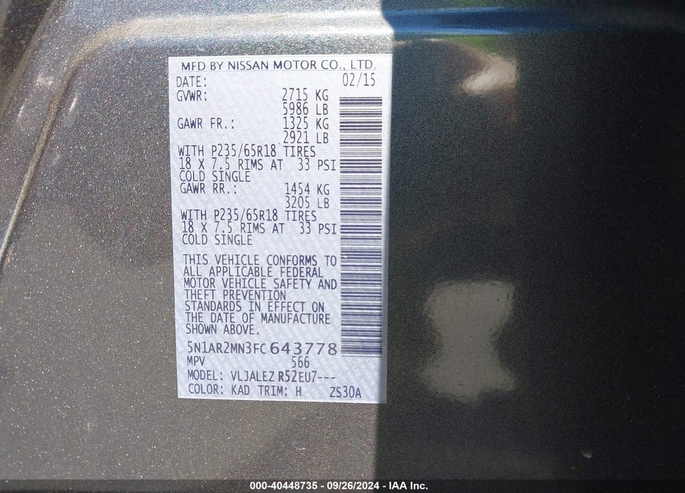 2015 NISSAN PATHFINDER S/SV/SL/PLATINUM VIN: 5N1AR2MN3FC643778
