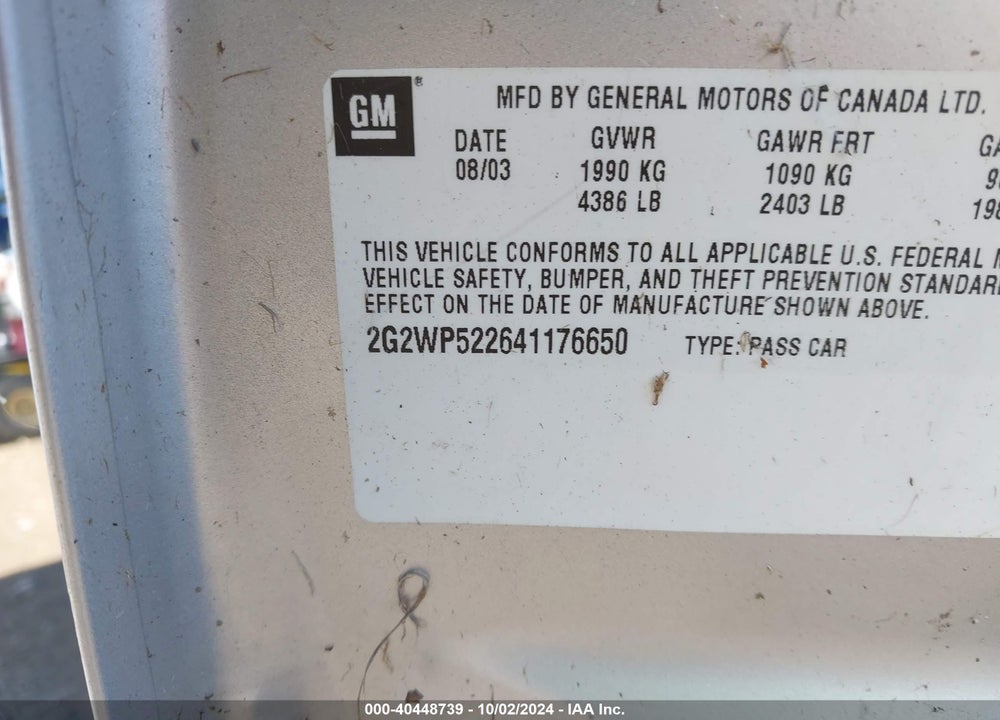2004 PONTIAC GRAND PRIX GT1 VIN: 2G2WP522641176650