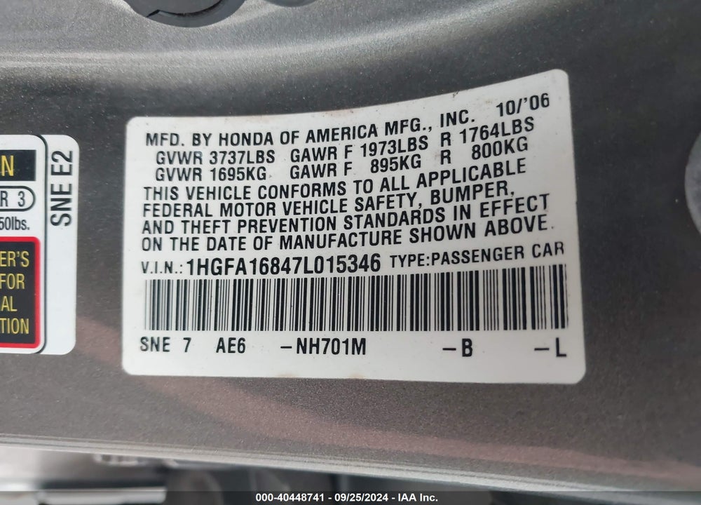 2007 HONDA CIVIC EX VIN: 1HGFA16847L015346