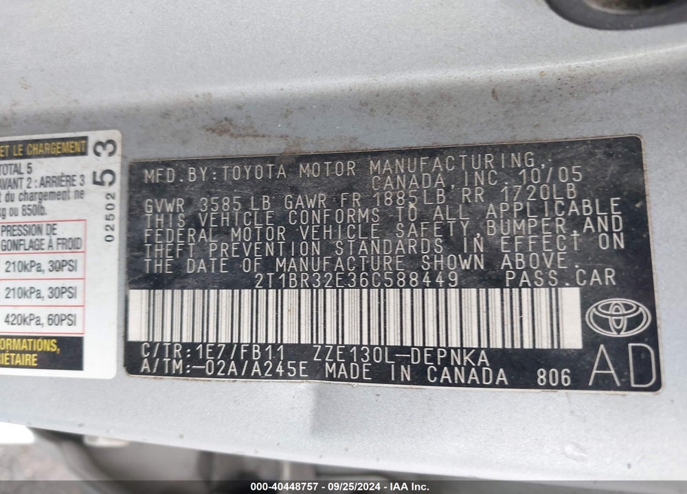 2006 TOYOTA COROLLA CE/LE/S VIN: 2T1BR32E36C588449
