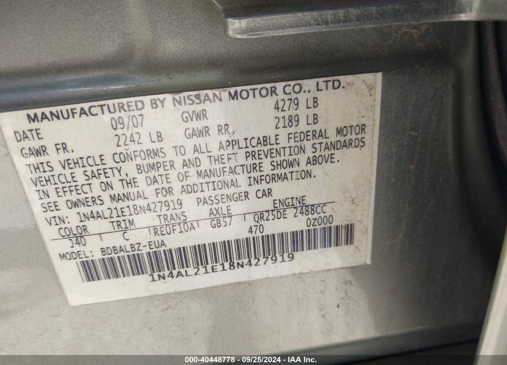 2008 NISSAN ALTIMA 2.5/2.5S VIN: 1N4AL21E18N427919