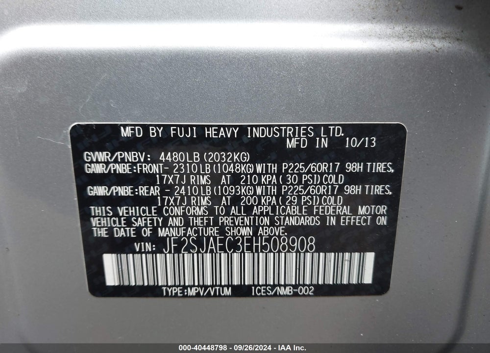 2014 SUBARU FORESTER 2.5I PREMIUM VIN: JF2SJAEC3EH508908