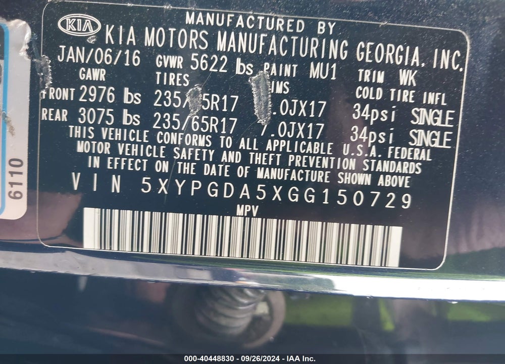 2016 KIA SORENTO 3.3L LX VIN: 5XYPGDA5XGG150729