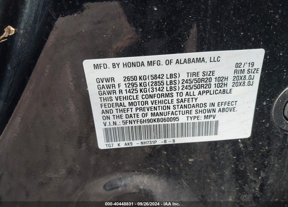 2019 HONDA PILOT TOURING VIN: 5FNYF6H90KB060095