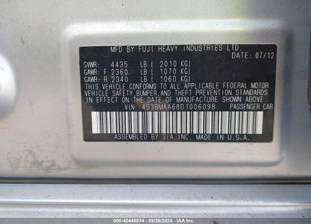 2013 SUBARU LEGACY 2.5I VIN: 4S3BMAA68D1006098