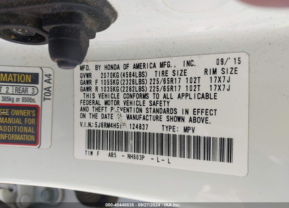 2015 HONDA CR-V EX VIN: 5J6RM4H59FL124837