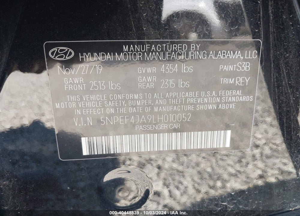 2020 HYUNDAI SONATA SEL VIN: 5NPEF4JA9LH010052