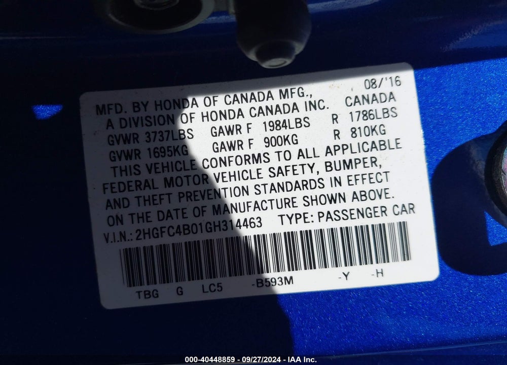 2016 HONDA CIVIC LX VIN: 2HGFC4B01GH314463