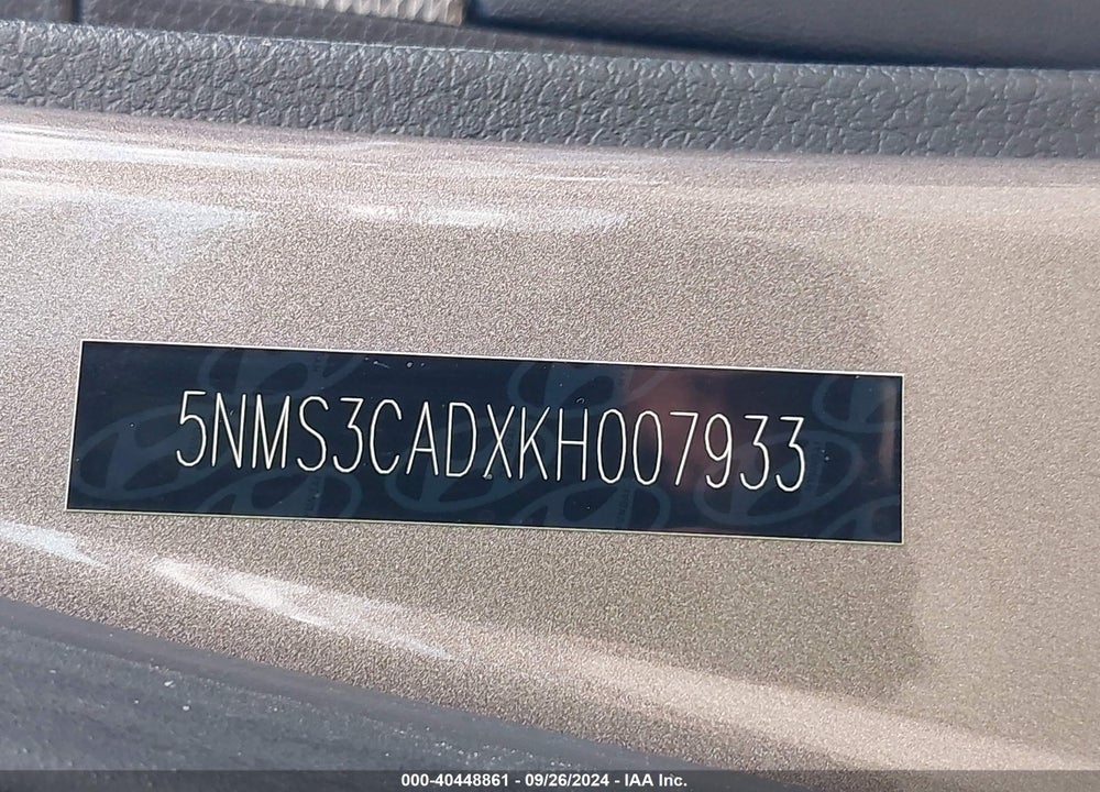 2019 HYUNDAI SANTA FE SEL VIN: 5NMS3CADXKH007933