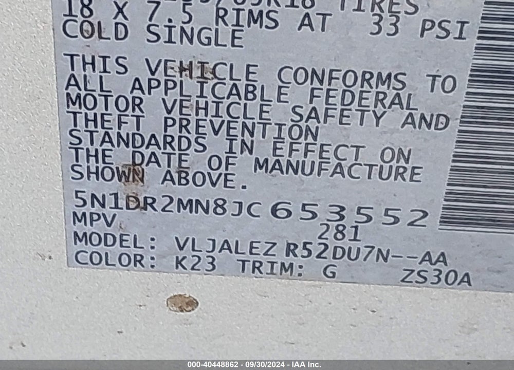2018 NISSAN PATHFINDER SV VIN: 5N1DR2MN8JC653552