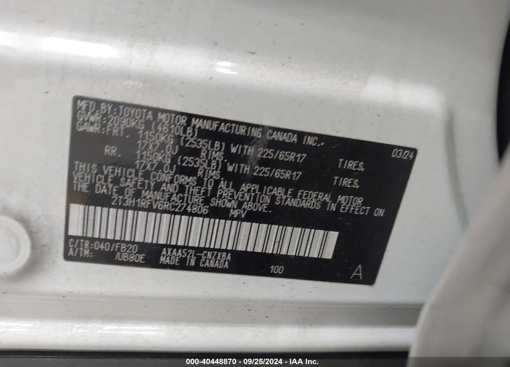 2024 TOYOTA RAV4 LE VIN: 2T3H1RFV6RC274806