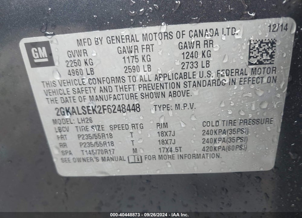 2015 GMC TERRAIN SLT-1 VIN: 2GKALSEK2F6248448