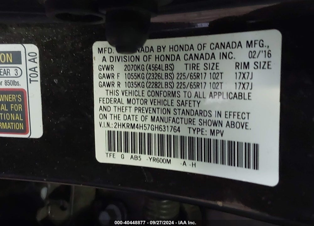 2016 HONDA CR-V EX VIN: 2HKRM4H57GH631764