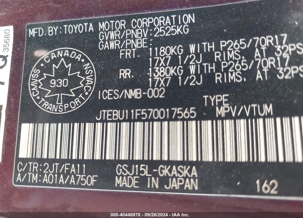 2007 TOYOTA FJ CRUISER VIN: JTEBU11F570017565