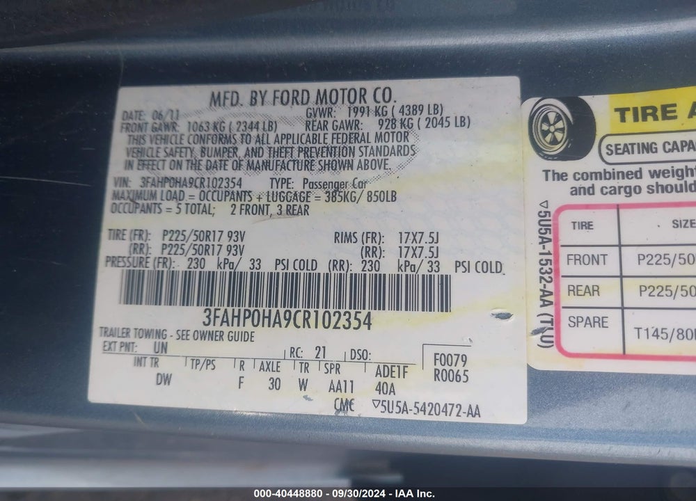 2012 FORD FUSION SE VIN: 3FAHP0HA9CR102354