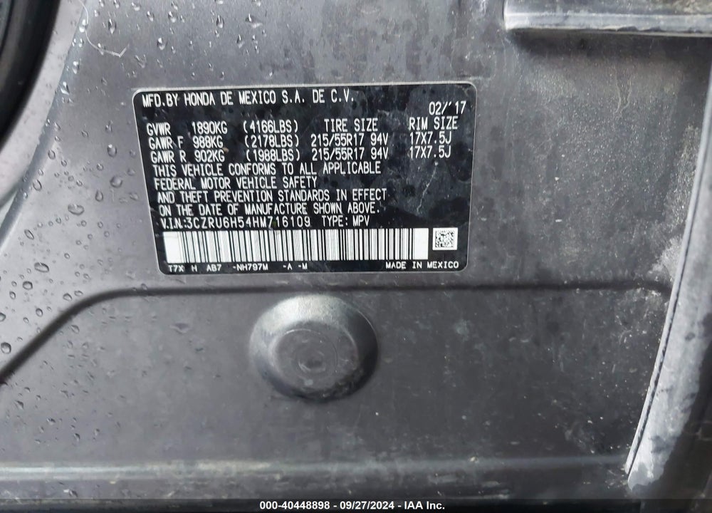 2017 HONDA HR-V EX VIN: 3CZRU6H54HM716109