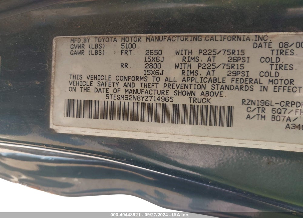2000 TOYOTA TACOMA PRERUNNER VIN: 5TESM92N8YZ714965