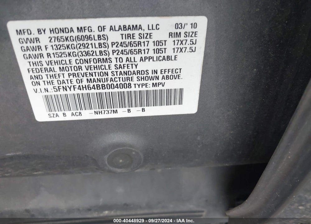 2011 HONDA PILOT EX-L VIN: 5FNYF4H64BB004008