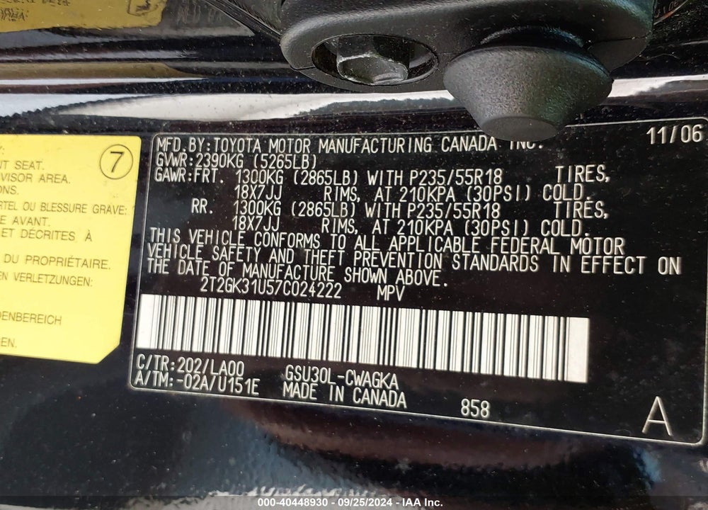 2007 LEXUS RX 350 VIN: 2T2GK31U57C024222