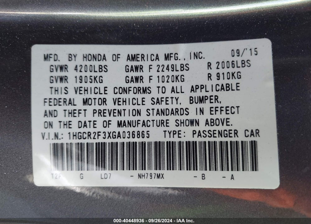 2016 HONDA ACCORD LX VIN: 1HGCR2F3XGA036865