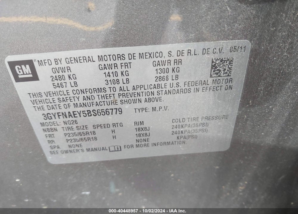 2011 CADILLAC SRX LUXURY COLLECTION VIN: 3GYFNAEY5BS656779
