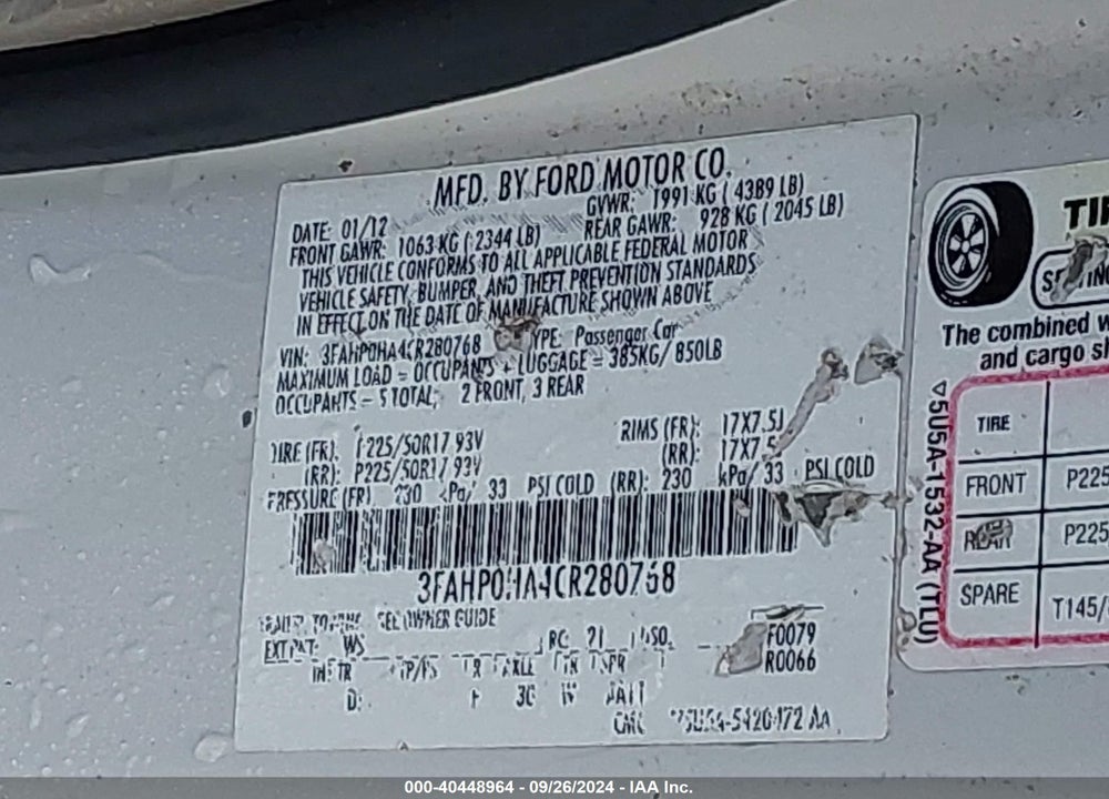 2012 FORD FUSION SE VIN: 3FAHP0HA4CR280768