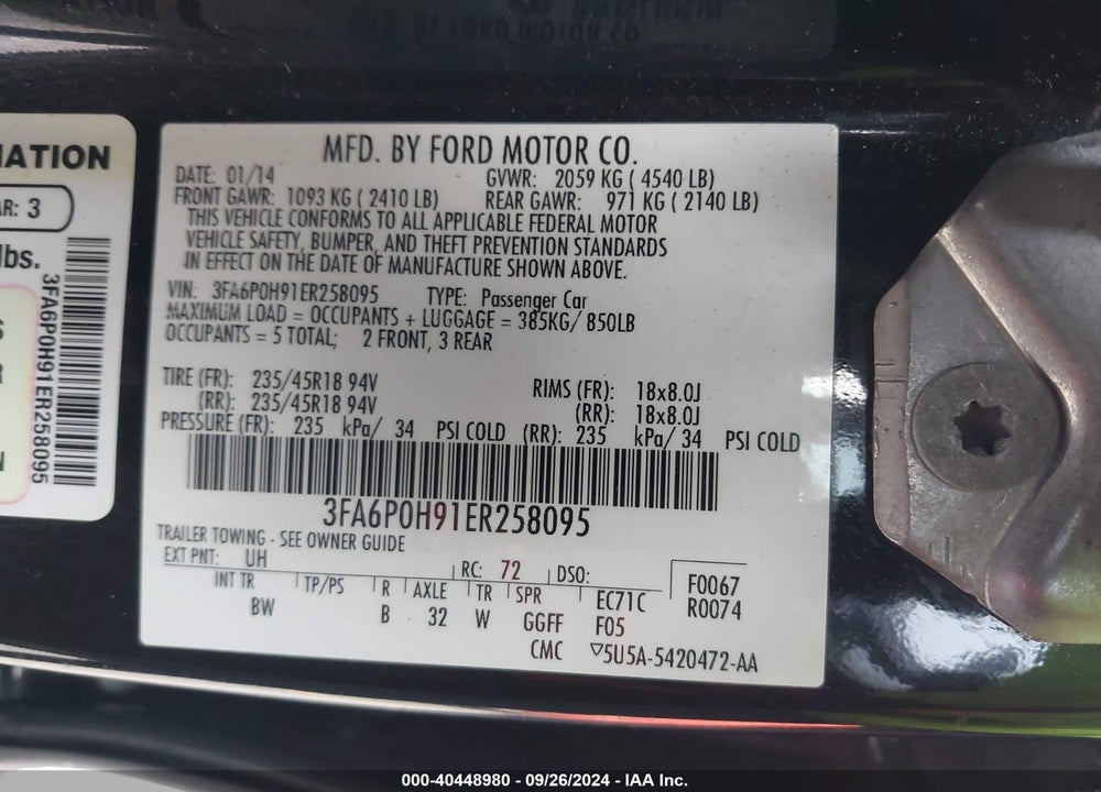 2014 FORD FUSION SE VIN: 3FA6P0H91ER258095