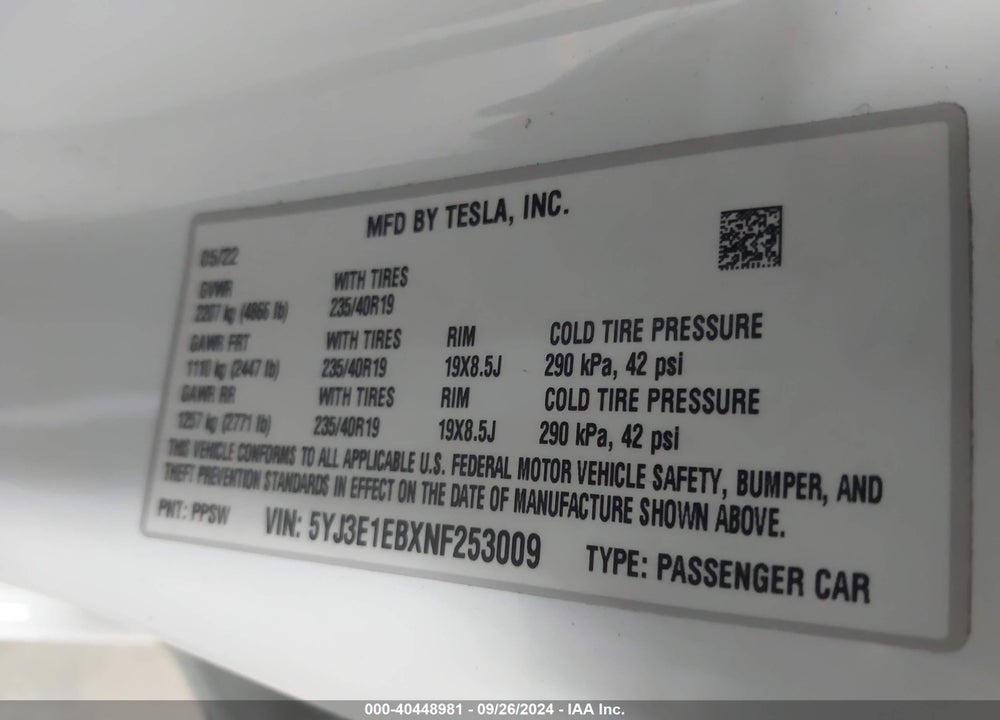 2022 TESLA MODEL 3 LONG RANGE DUAL MOTOR ALL-WHEEL DRIVE VIN: 5YJ3E1EBXNF253009