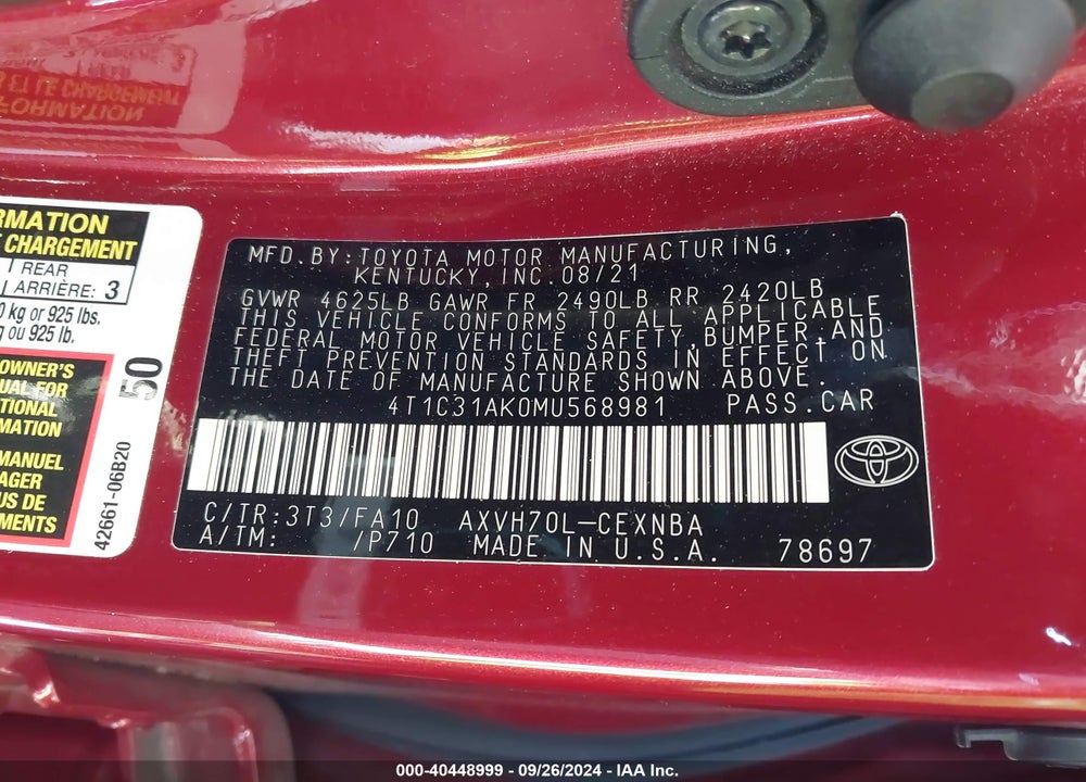 2021 TOYOTA CAMRY LE HYBRID VIN: 4T1C31AK0MU568981