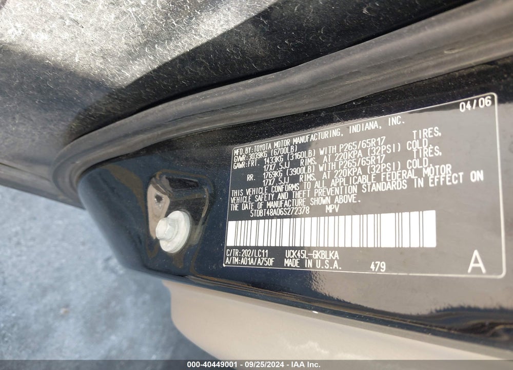 2006 TOYOTA SEQUOIA LIMITED V8 VIN: 5TDBT48A06S272378