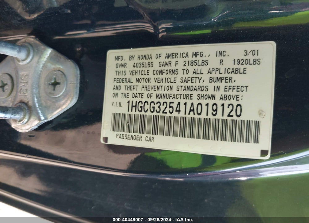 2001 HONDA ACCORD 2.3 EX VIN: 1HGCG32541A019120