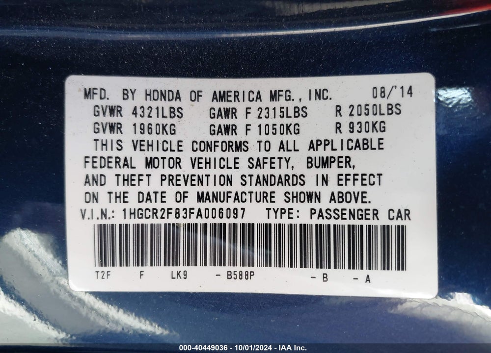 2015 HONDA ACCORD EX-L VIN: 1HGCR2F83FA006097