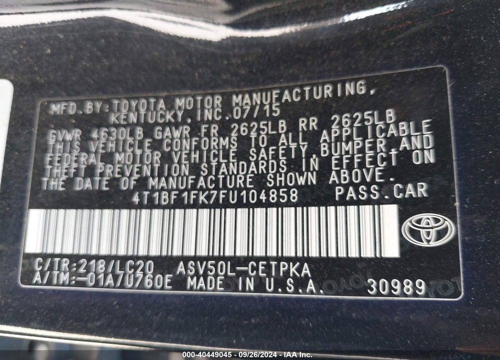 2015 TOYOTA CAMRY XSE VIN: 4T1BF1FK7FU104858