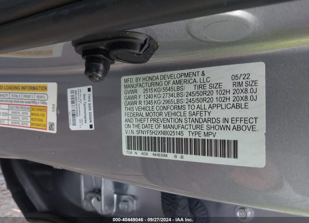 2022 HONDA PILOT 2WD SPECIAL EDITION VIN: 5FNYF5H2XNB025145