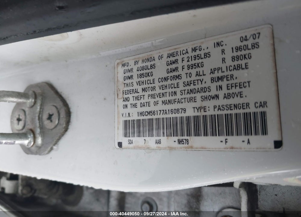 2007 HONDA ACCORD 2.4 VP VIN: 1HGCM56177A160879