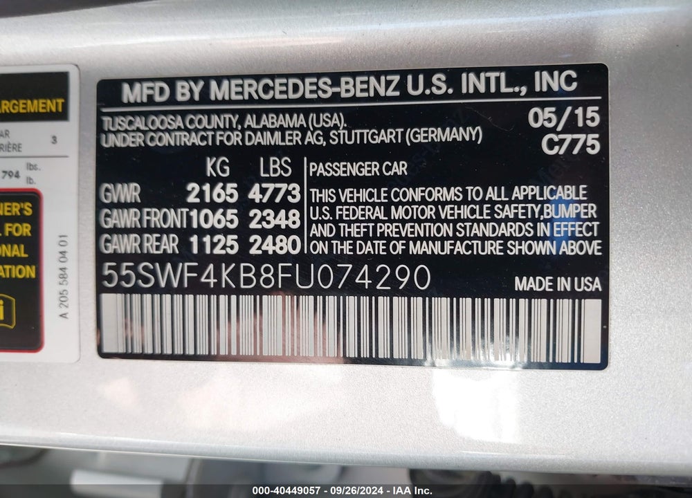 2015 MERCEDES-BENZ C 300 4MATIC/LUXURY 4MATIC/SPORT 4MATIC VIN: 55SWF4KB8FU074290