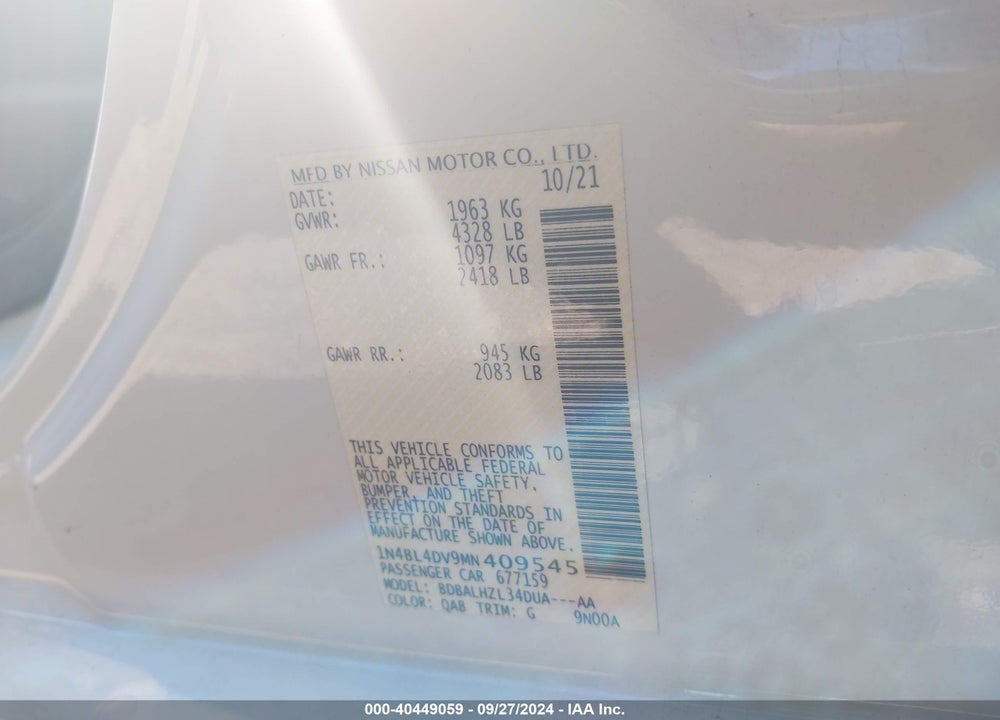 2021 NISSAN ALTIMA SV FWD VIN: 1N4BL4DV9MN409545