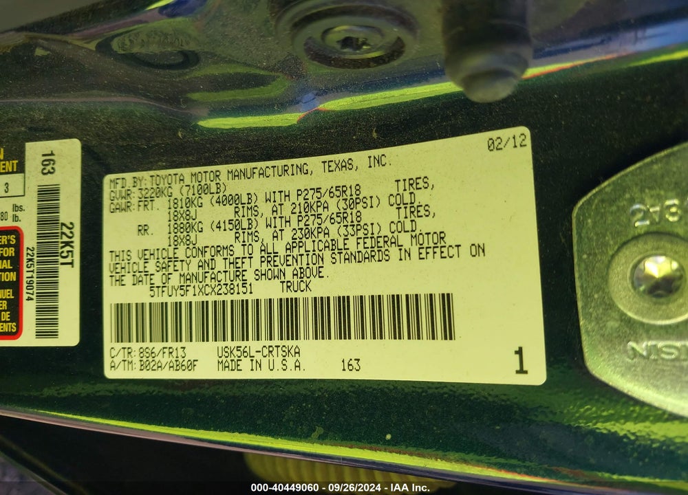 2012 TOYOTA TUNDRA GRADE 5.7L V8 VIN: 5TFUY5F1XCX238151