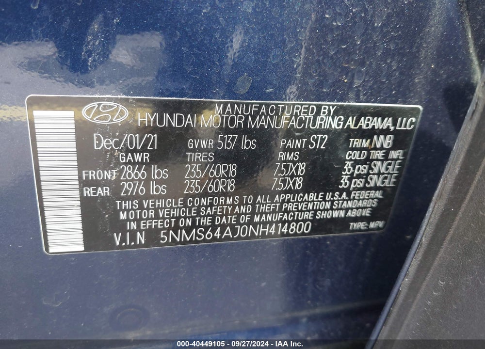 2022 HYUNDAI SANTA FE SEL/XRT VIN: 5NMS64AJ0NH414800